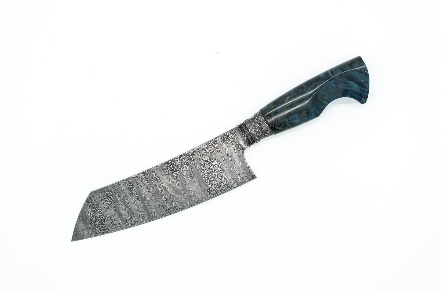 Santoku mit Zwinge aus Explosionsdamast (blau stabilisierte Pappel)