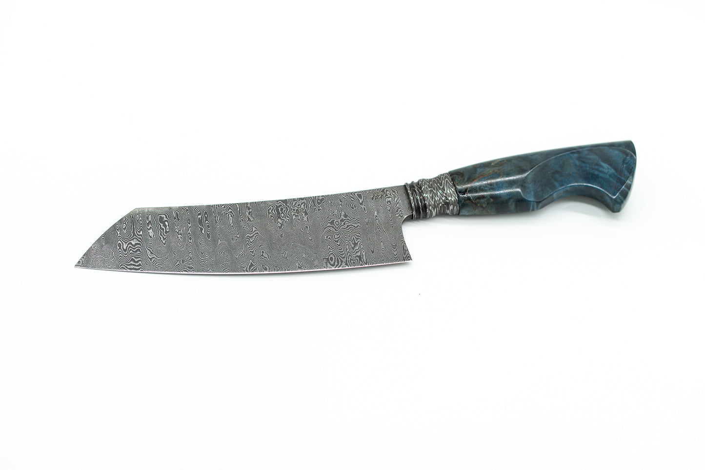 Santoku mit Zwinge aus Explosionsdamast (blau stabilisierte Pappel)